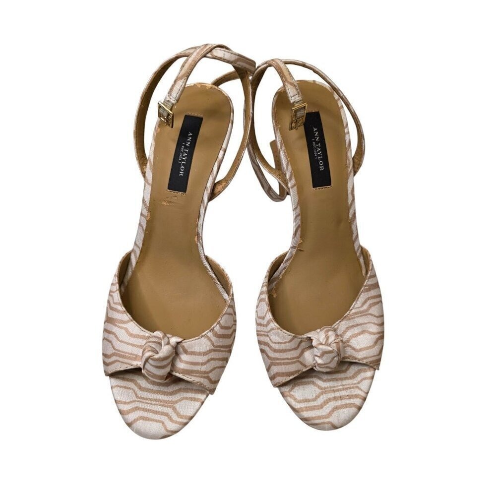 Ann Taylor Womens Open-Toe Heels With Knotted Bow Beige & White Size 8โ